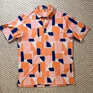 Bad Birdie Geometric Polo Shirt - Orange, Blue, and White.  Mens Medium